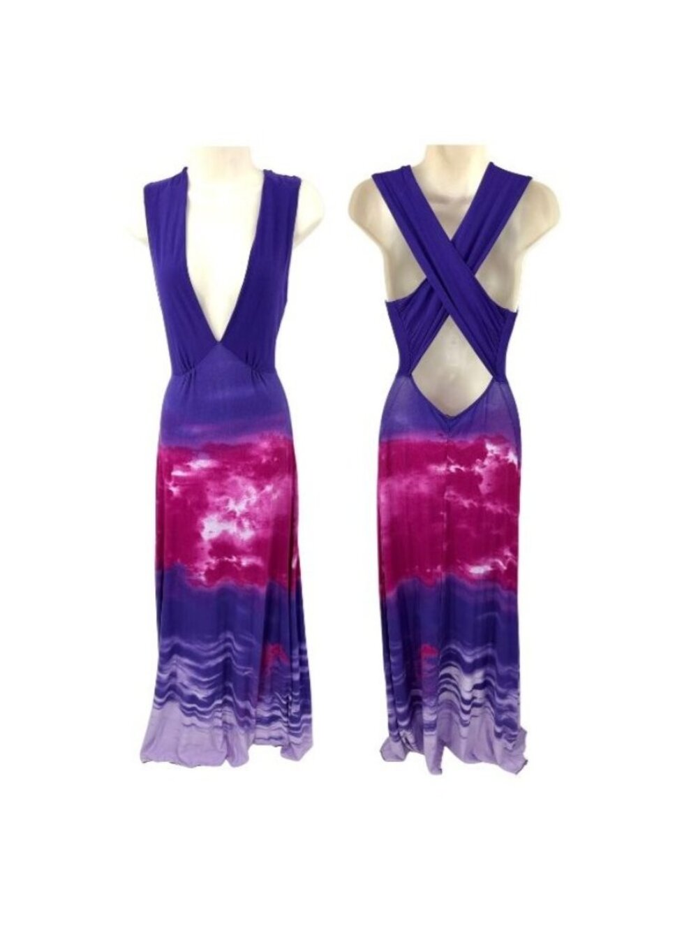 Venus Boho Purple & Pink Tie-Dye Maxi Dress W/ Deep V-Neck And Crisscross Back S